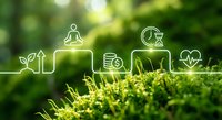 Green technology icons floating above moss in nature representing sustainable business solutions and environmental innovation for eco-friendly development.
