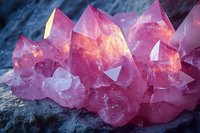 Pink rose quartz crystal cluster formation with glowing translucent points and facets on dark background, natural mineral specimen illuminated to showcase geometric shapes.