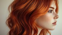 Side profile portrait of young woman with vibrant copper red wavy hair, pale freckled skin and natural makeup against light neutral background. Suitable for beauty and haircare.