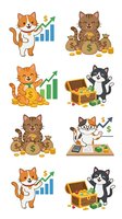 Cartoon cats with money, financial growth charts, and treasure chests. Isolated clipart set for business, finance, and wealth design projects on transparent background.