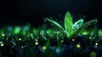 Magical glowing green leaves with sparkles and bokeh effects against dark background create mystical forest atmosphere. Nature fantasy concept for creative projects.