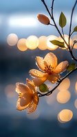 Delicate orange blossoms with morning dew drops against blurred bokeh lights background, creating dreamy atmospheric nature photography for wall art and greeting cards.
