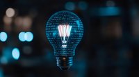 Digital light bulb with glowing filament surrounded by binary code matrix on dark background with bokeh lights, symbolizing digital innovation and AI technology.