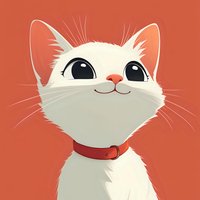 Smiling white cat with big eyes wearing red collar on coral background. Cartoon style illustration for children books, greeting cards and pet products.