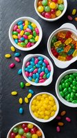Colorful assorted candies and sweets in white bowls on dark slate background. Rainbow jellybeans, gummy bears and hard candies for party treats and desserts.