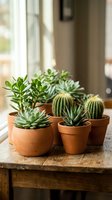Collection of small succulents and cacti in terracotta pots on wooden table near window for home decor and indoor gardening projects.