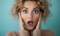 Young Caucasian woman with curly blonde hair and bright blue eyes expressing extreme surprise with open mouth and hands on cheeks against turquoise background.