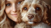 Young blonde woman with blue-eyed cockapoo puppy in cozy knit sweater sharing tender moment, expressing bond between pet owner and dog companion. Close up portrait.
