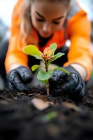 Young woman in orange jacket and black gloves planting small green seedling in dark soil. Close-up view focusing on hands and plant showing environmental care and gardening.