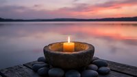 Stone bowl with burning candle on wooden dock at sunset lake. Peaceful meditation spa wellness concept with warm golden light reflecting on calm water surface.