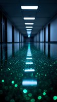 Long dark corridor with fluorescent ceiling lights creating reflections on glossy floor, enhanced by glowing green bokeh effects for atmospheric mood.