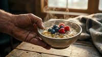 Mature adult hand holding bowl of oatmeal porridge topped with fresh blueberries and raspberries, served on rustic wooden table with cozy home interior background for breakfast and healthy eating content.