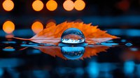 Crystal clear water droplet on blue water surface with autumn orange maple leaf and bokeh lights creating magical reflective macro photography.