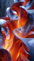 Abstract curved waves in orange and blue with glowing light effects and scattered particles create dynamic flowing motion and depth for modern backgrounds.