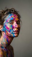 Young woman with vibrant multicolored paint covering face and body in artistic expression against neutral background for creative projects.