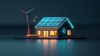Glowing house with solar panels and wind turbine on dark background illustrates sustainable energy and eco-friendly living concept. Modern clean power generation.