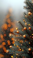 Festive evergreen branches with golden ornaments and warm bokeh lights creating magical holiday atmosphere for seasonal celebrations and winter decorations.