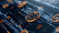 Golden cryptocurrency coin on dark circuit board background with digital pattern and orange glowing elements, modern financial technology concept.