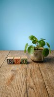 Small green plant in ceramic pot with wooden alphabet blocks spelling SEO on rustic wood table against blue background for digital marketing concepts.