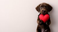 Adorable chocolate Labrador puppy holding red heart shape toy against neutral background. Sweet pet portrait for Valentine's day cards and romantic designs.