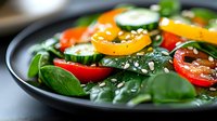 Fresh colorful salad with sliced bell peppers, cucumber, baby spinach leaves and sesame seeds served on black plate, close up view with selective focus.