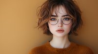 Young Asian woman with short wavy hair wearing round glasses and orange sweater looking at camera against brown background. Natural makeup and modern style portrait.