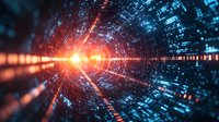 Glowing orange and blue digital tunnel with binary code and matrix elements creating futuristic cyber perspective with light burst effect. For technology backgrounds.