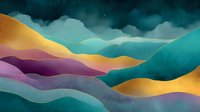 Abstract colorful landscape with flowing hills in vibrant gradients of teal, purple, orange and yellow under dramatic cloudy sky for modern design projects.
