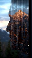 Double exposure silhouette of woman's profile merged with illuminated cityscape and mountain peak at sunset, creating dreamy urban nature blend.