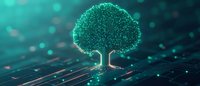 Glowing digital tree growing from circuit board with teal particles, symbolizing technology growth and environmental innovation.