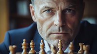 Mature Caucasian businessman with gray beard contemplating chess strategy, focused expression during game. Professional corporate setting with dramatic lighting.