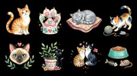 Watercolor cats clipart set isolated on transparent background, featuring cute kittens, paw print, sleeping cat, and pet accessories for stickers, t-shirts, print on demand.