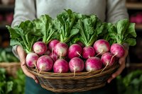 Fresh pink and white radishes with green tops displayed in rustic wicker basket, held by farmer in casual attire against blurred background. Organic harvest concept.