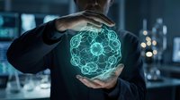 Businessman holding glowing molecular structure hologram in modern office environment showcasing scientific innovation and technology advancement.