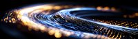 Glowing curved circuit board traces with blue and gold light effects create futuristic technology pattern against dark background, macro photography.