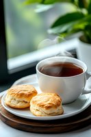 Hot tea cup with steam and fresh baked scones on wooden tray near window with green plants creating cozy morning breakfast atmosphere.