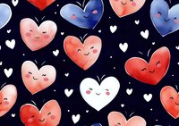 Kawaii style smiling hearts pattern in red, pink, blue and white on dark background. Seamless repeat design for Valentine's Day, romantic occasions and love themes.