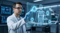 Male doctor analyzing holographic medical display with virus particles and human anatomy in modern laboratory for healthcare technology research.