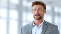 Professional Caucasian businessman with beard in gray suit and white shirt smiling confidently in modern office environment for corporate presentations.