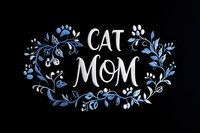 Cat mom text decorated with blue floral wreath and paw prints on black background, stylized lettering design for pet lovers and cat parents.