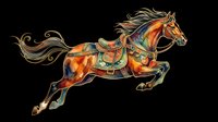Ornate carousel horse with flowing mane and tail, decorated in vibrant orange, gold, and teal patterns, isolated on transparent background. Ready for t-shirt design, clipart, stickers, and print-on-demand products.