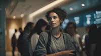 Young woman with curly hair in gray cardigan standing in crowded hallway, looking thoughtful amid blurred figures in modern interior space.