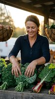 Happy middle-aged Caucasian woman farmer arranging fresh kale and leafy greens at outdoor farmers market stand during golden hour sunset.