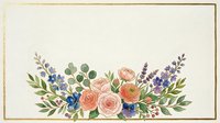 Vintage floral arrangement with roses, lavender, and greenery in soft peachy and blue tones on cream background for botanical design projects.
