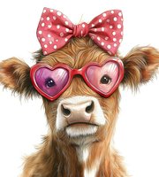 Adorable highland cow wearing pink heart-shaped sunglasses and polka dot bow. Whimsical farm animal portrait with detailed fur texture on white background.
