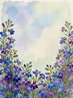 Watercolor blue and purple wildflowers border with soft pastel sky background, copy space for greeting cards, invitations, and prints.