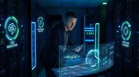 Middle-aged Caucasian businessman analyzing holographic data displays with futuristic interface technology in dark digital environment for presentations.