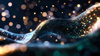 Magical glowing wave with sparkling particles and bokeh lights on dark background creates ethereal atmosphere for festive designs and celebrations.