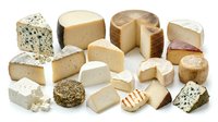 Assorted cheese varieties including aged cheddar, blue cheese, brie and gouda blocks and wedges isolated on white background for food, culinary and gastronomy design projects.