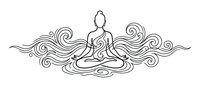 Meditation figure in lotus pose surrounded by flowing ornamental swirls on white background. Zen mindfulness spiritual wellness design element for yoga studios.